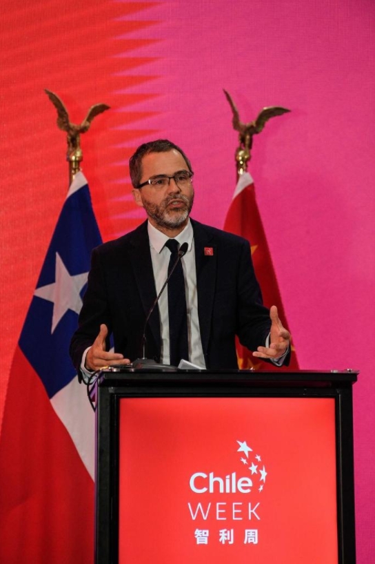 Director general de ProChile, Ignacio Fernández, pronunciando un discurso durante el lanzamiento de la octava edición de la Chile Week 2023, en la sede del Ministerio de Relaciones Exteriores, en Santiago, capital de Chile, el 5 de octubre de 2023. (Xinhua/Jorge Villegas)